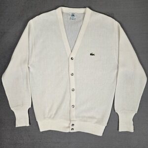 Vintage Izod Lacoste Sweater Mens Large Knit Cardigan 80s White Gator USA Made
